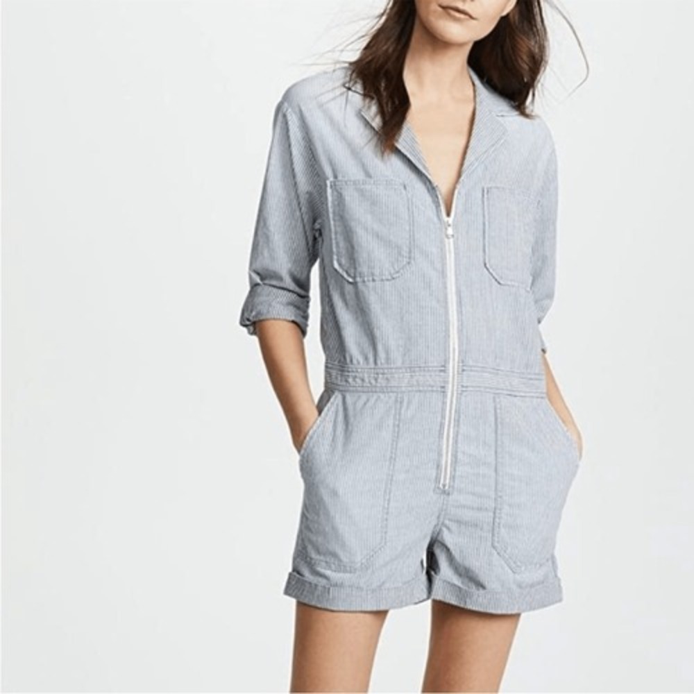 Adriano Goldschmied Rochelle Romper Chambray Stripe Blue Zipper front Small NWOT - Picture 2 of 16